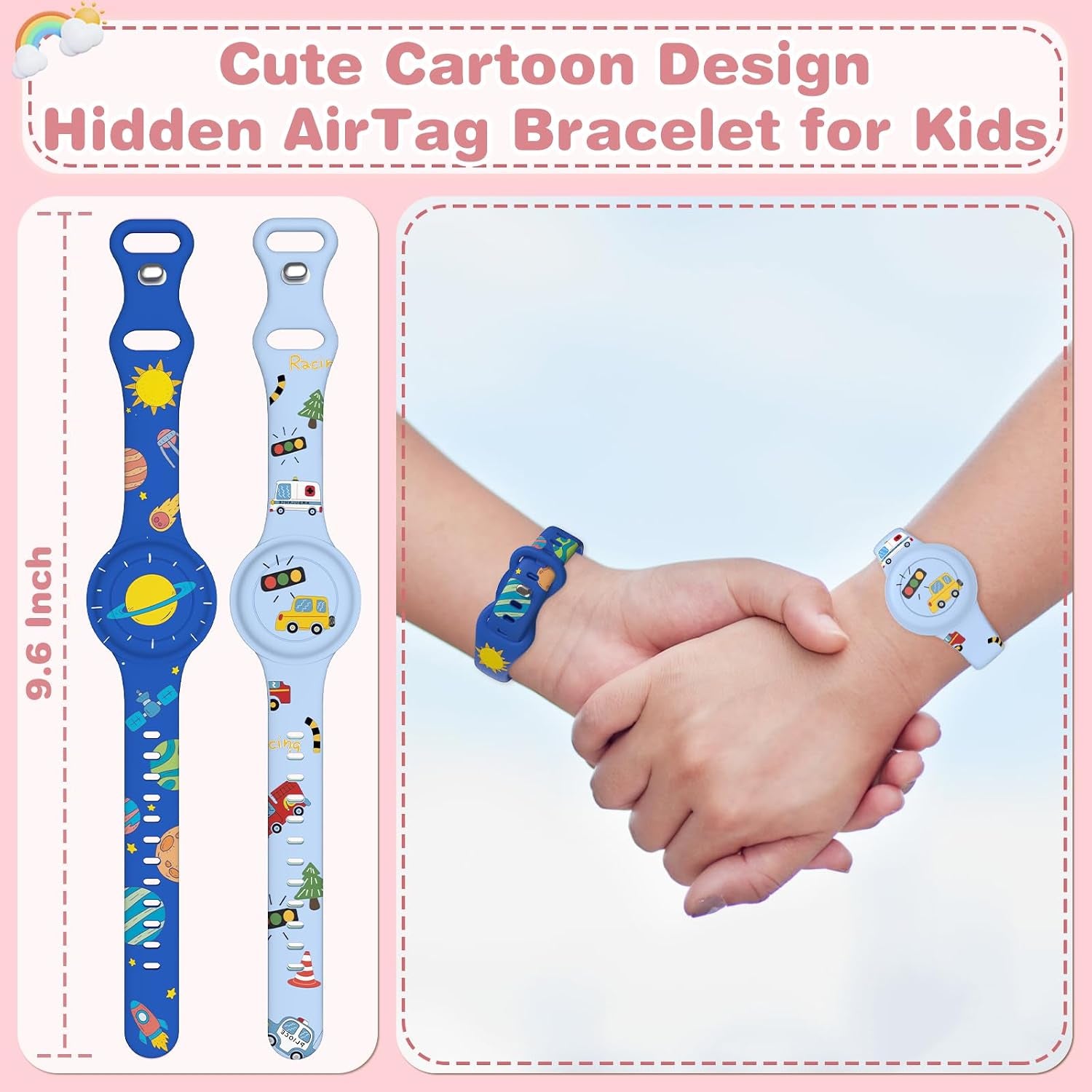 2 Pack Waterproof Air Tag Bracelet for Kids, Cute Cartoon Airtag Holder for Kids Soft Silicone Full Coverage Hidden Airtags Wristband for Apple GPS Tracker Item Finders,Planet & Cars