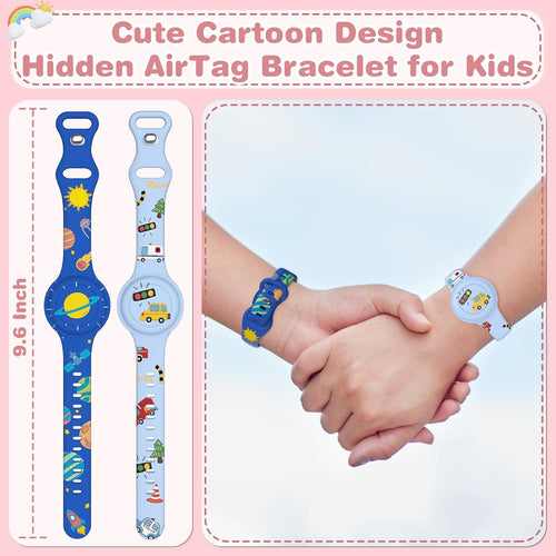 2 Pack Waterproof Air Tag Bracelet for Kids, Cute Cartoon Airtag Holder for Kids Soft Silicone Full Coverage Hidden Airtags Wristband for Apple GPS Tracker Item Finders,Planet & Cars