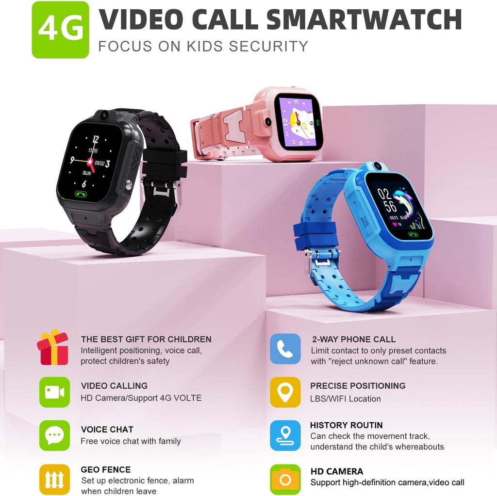 4G Kids Smart Watch GPS Tracker - Smartwatch with Two Way Call Video Calling Voice Chat SOS Class Mode Stopwatch Pedometer Games Wi-Fi Touch Screen Alarm Clock Smartwatches for Boys Girl (Blue)
