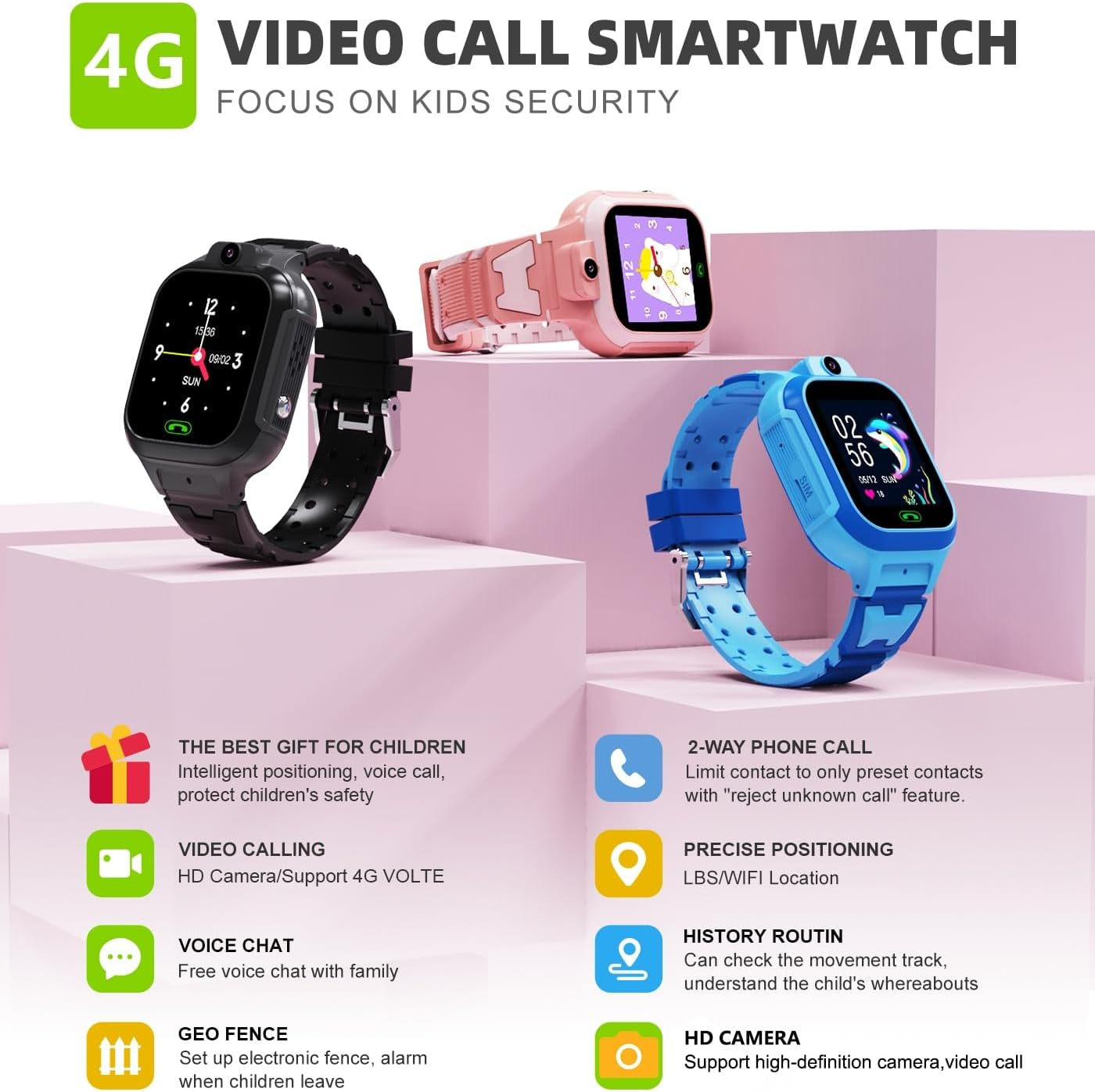 4G Kids Smart Watch GPS Tracker - Smartwatch with Two Way Call Video Calling Voice Chat SOS Class Mode Stopwatch Pedometer Games Wi-Fi Touch Screen Alarm Clock Smartwatches for Boys Girl (Blue)