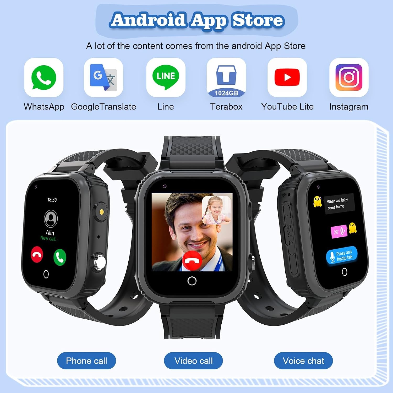 Montre GPS 4G Enfant Whatsapp, Musique & Wi-Fi - Noir