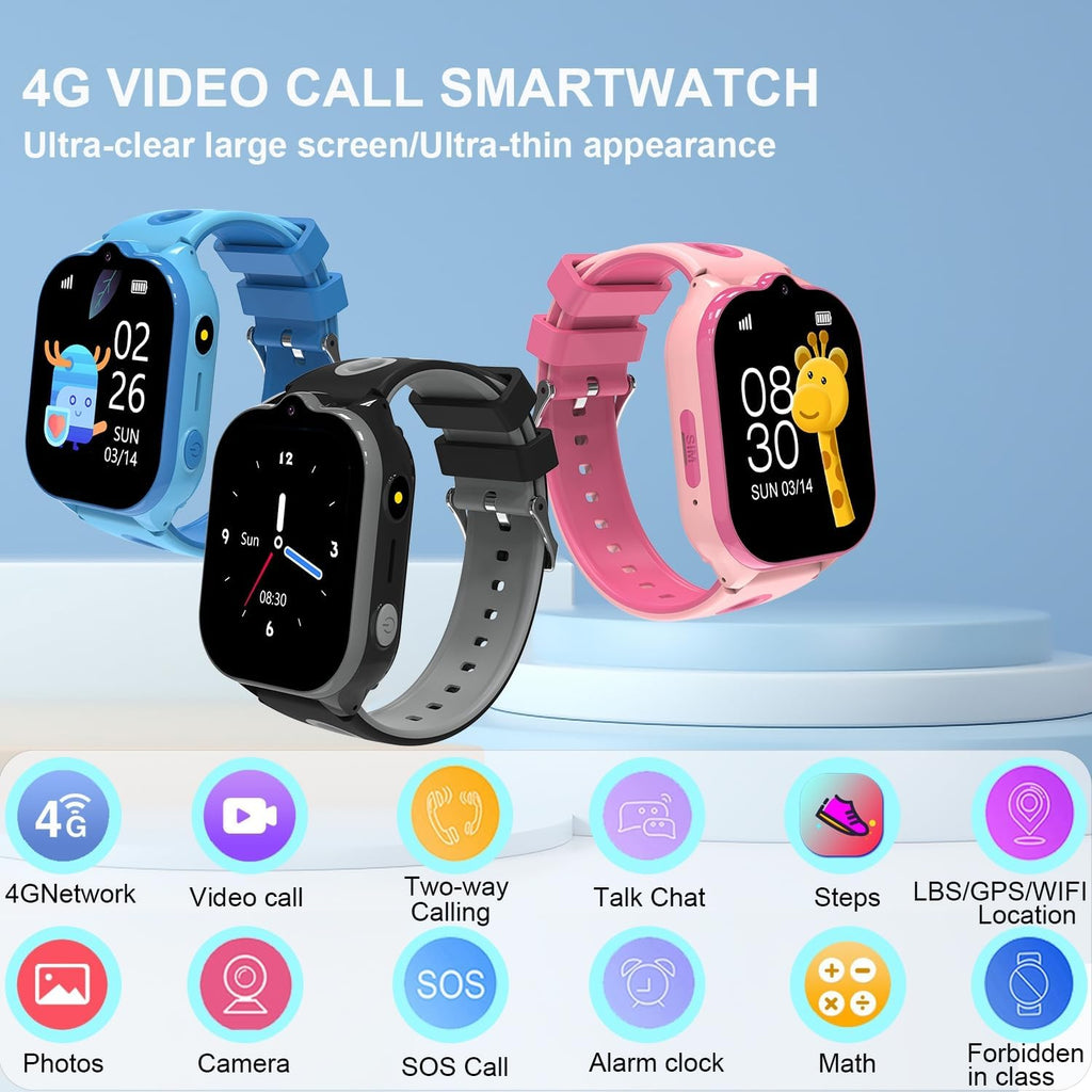 Montre GPS 4G Enfant Appel Vidéo & Jeux - Noir