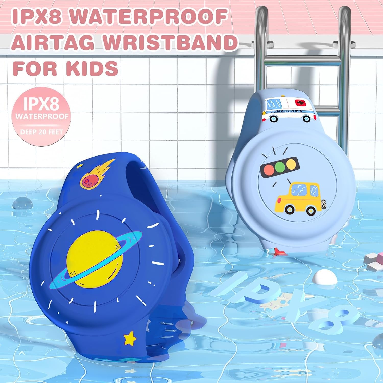 2 Pack Waterproof Air Tag Bracelet for Kids, Cute Cartoon Airtag Holder for Kids Soft Silicone Full Coverage Hidden Airtags Wristband for Apple GPS Tracker Item Finders,Planet & Cars
