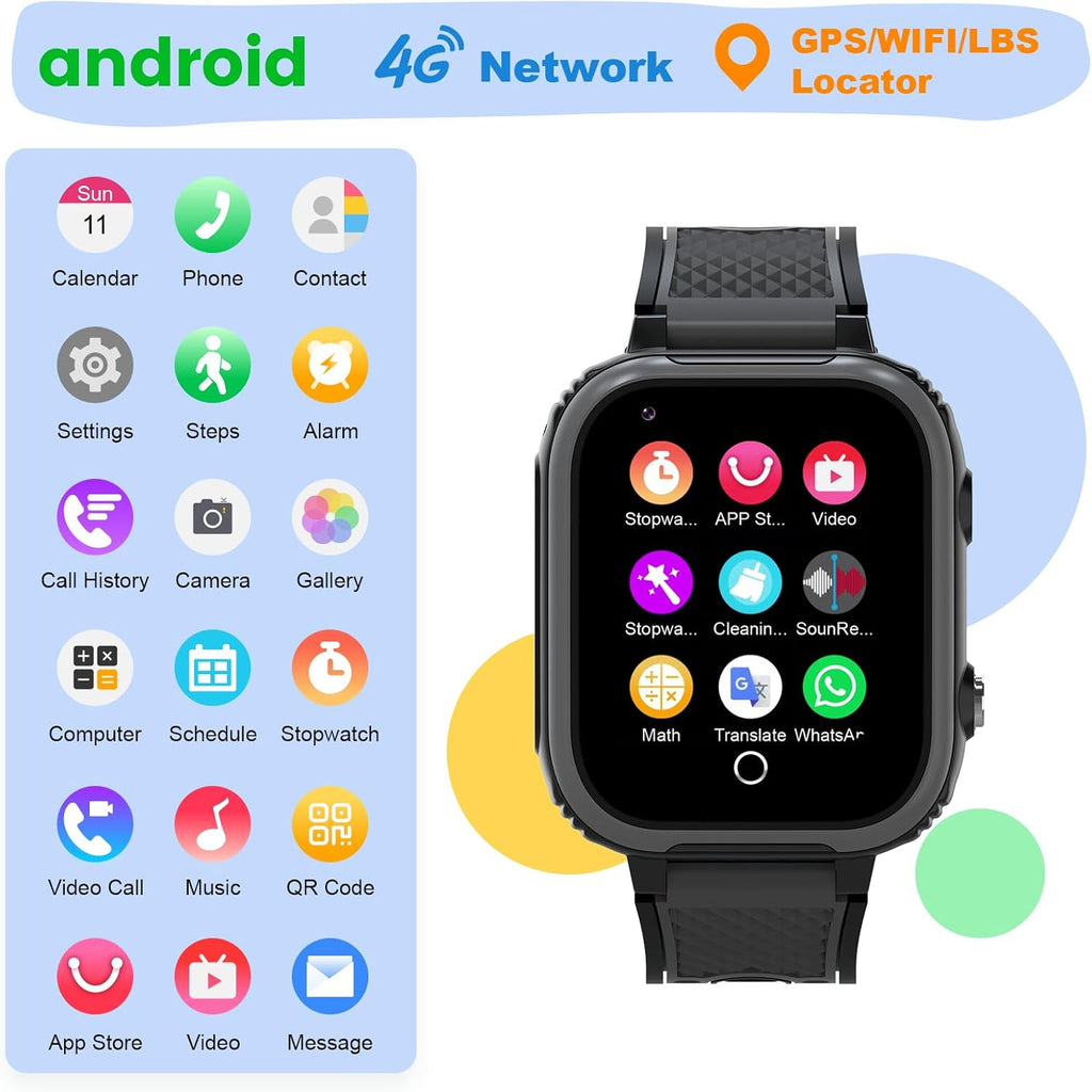 Montre GPS 4G Enfant Whatsapp, Musique & Wi-Fi - Noir