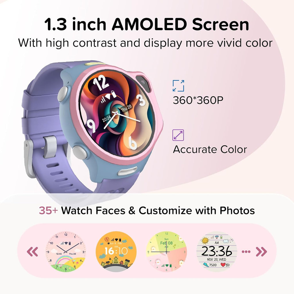 R2 Kids Smart Watch with GPS Tracker, 4G Esim & SOS | AMOLED Display, 5MP Camera, Video Call, Music Player, School Travel Safety, Ages 5-12 Boys and Girls,Us Version