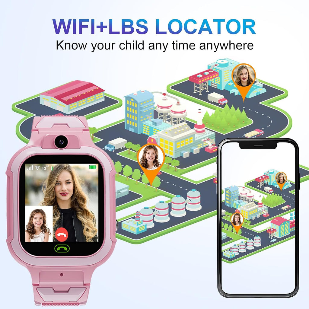 4G Kids Smart Watch GPS Tracker - Smartwatch with Two Way Call Video Calling Voice Chat SOS Class Mode Stopwatch Pedometer Games Wi-Fi Touch Screen Alarm Clock Smartwatches for Boys Girl (Pink)