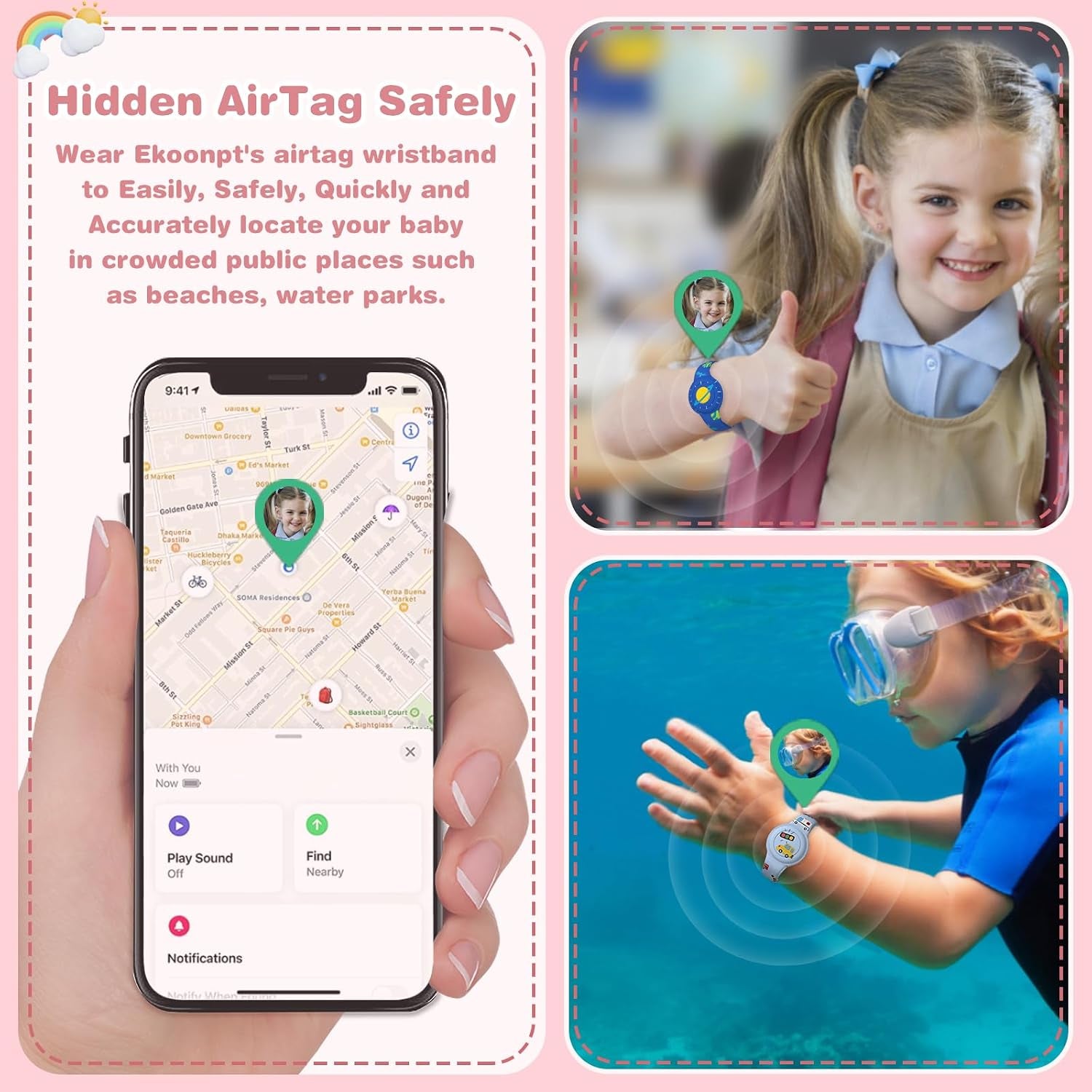 2 Pack Waterproof Air Tag Bracelet for Kids, Cute Cartoon Airtag Holder for Kids Soft Silicone Full Coverage Hidden Airtags Wristband for Apple GPS Tracker Item Finders,Planet & Cars