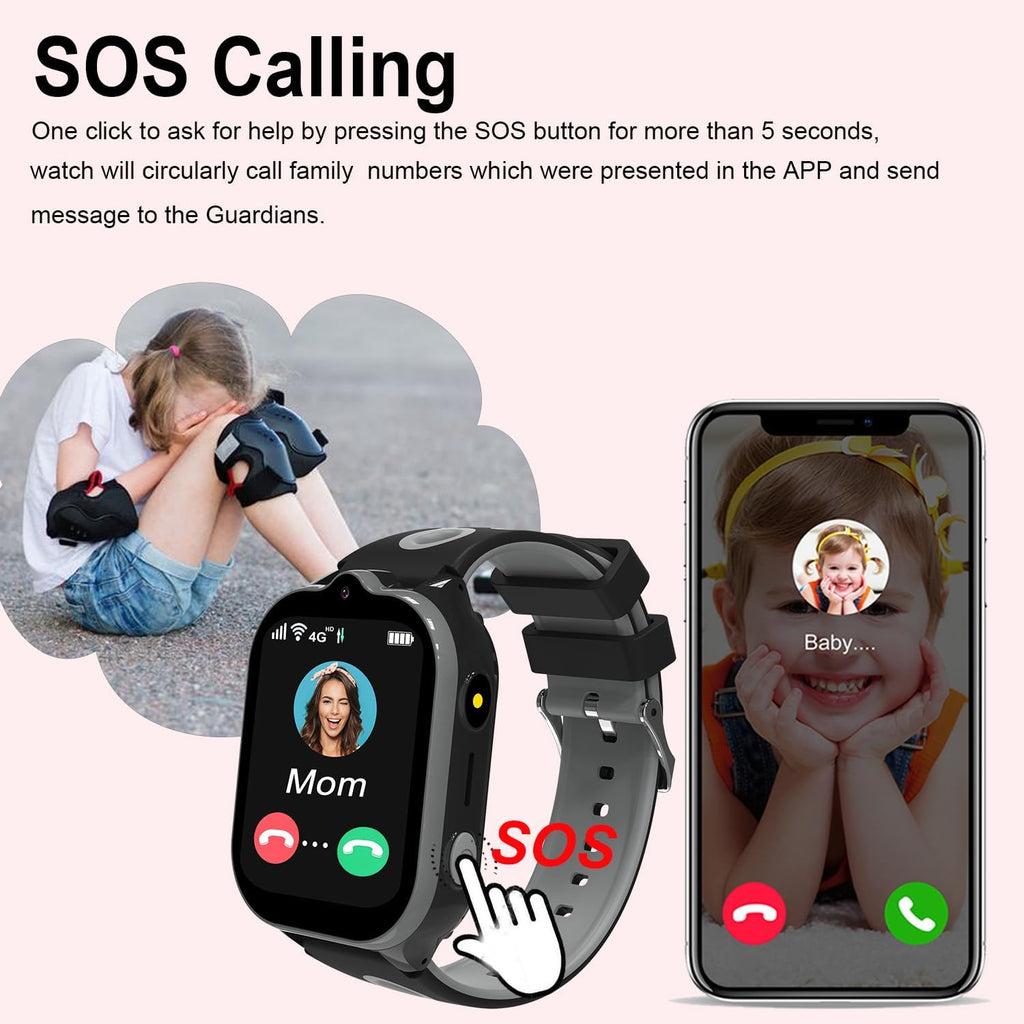 Montre GPS 4G Enfant Appel Vidéo & Jeux - Noir