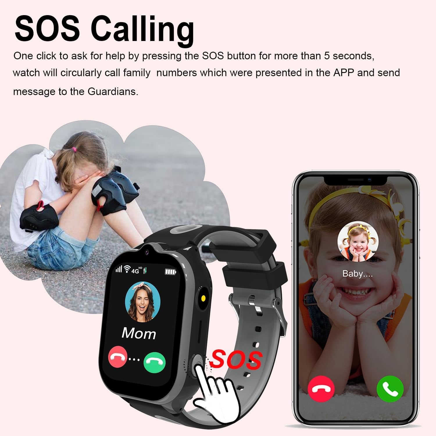 Montre GPS 4G Enfant Appel Vidéo & Jeux - Noir