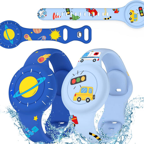 2 Pack Waterproof Air Tag Bracelet for Kids, Cute Cartoon Airtag Holder for Kids Soft Silicone Full Coverage Hidden Airtags Wristband for Apple GPS Tracker Item Finders,Planet & Cars