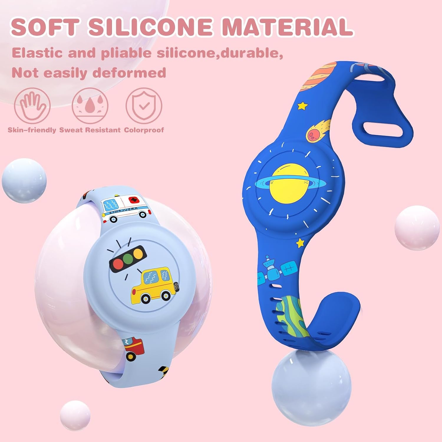 2 Pack Waterproof Air Tag Bracelet for Kids, Cute Cartoon Airtag Holder for Kids Soft Silicone Full Coverage Hidden Airtags Wristband for Apple GPS Tracker Item Finders,Planet & Cars